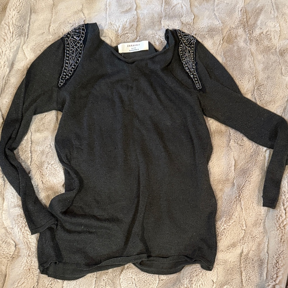 Zara Sparkly Semi Sheer Army Green Sweater with Beaded Embellished Shoulders